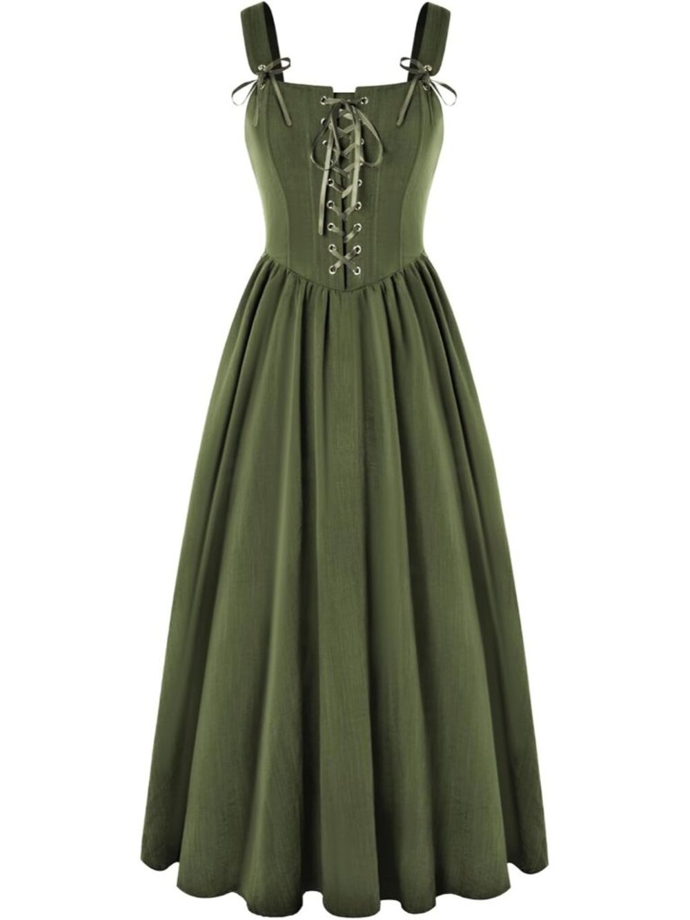 Women's Olive Green Cottage Core Long Sleeveless Lace Up Imported Costume Dress